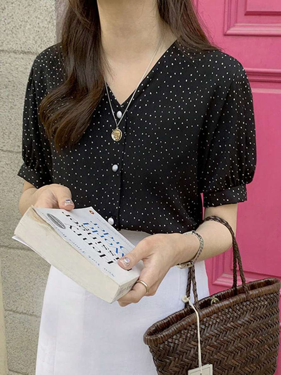 波卡圓點泡泡袖前紐扣襯衫 - 黑色 - 查看 1