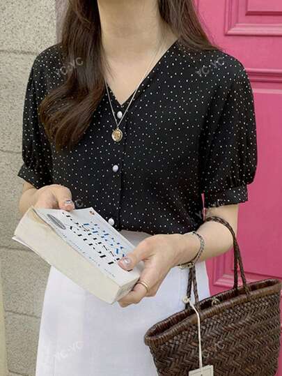 Polka Dot Puff Sleeve Button Front Blouse