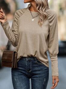 SHEIN LUNE Camiseta unicolor de manga raglán - Camel - Ver 3