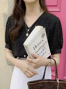 波卡圓點泡泡袖前紐扣襯衫 - 黑色 - 查看 3