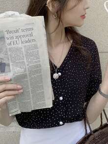 波卡圓點泡泡袖前紐扣襯衫 - 黑色 - 查看 4