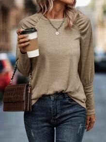 SHEIN LUNE Camiseta unicolor de manga raglán - Camel - Ver 5