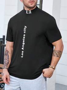 Manfinity Homme 男士大码字母圖案小高領T恤 - 黑色 - 查看 1