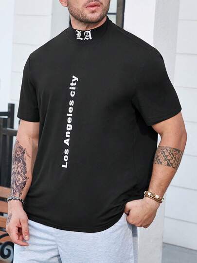 Manfinity Homme 男士大码字母圖案小高領T恤