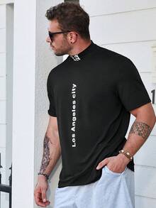 Manfinity Homme 男士大码字母圖案小高領T恤 - 黑色 - 查看 4