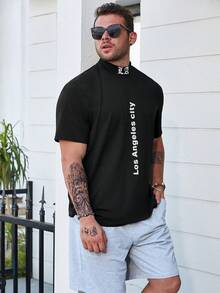 Manfinity Homme 男士大码字母圖案小高領T恤 - 黑色 - 查看 6