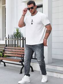 Manfinity Homme Nam Plus Chơi bài In Viền tương phản Áo thun - trắng - Xem 6