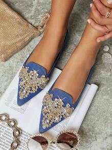 Pointed Toe Được trang sức Chi tiết Giày lười - Màu xanh lam - Xem 1