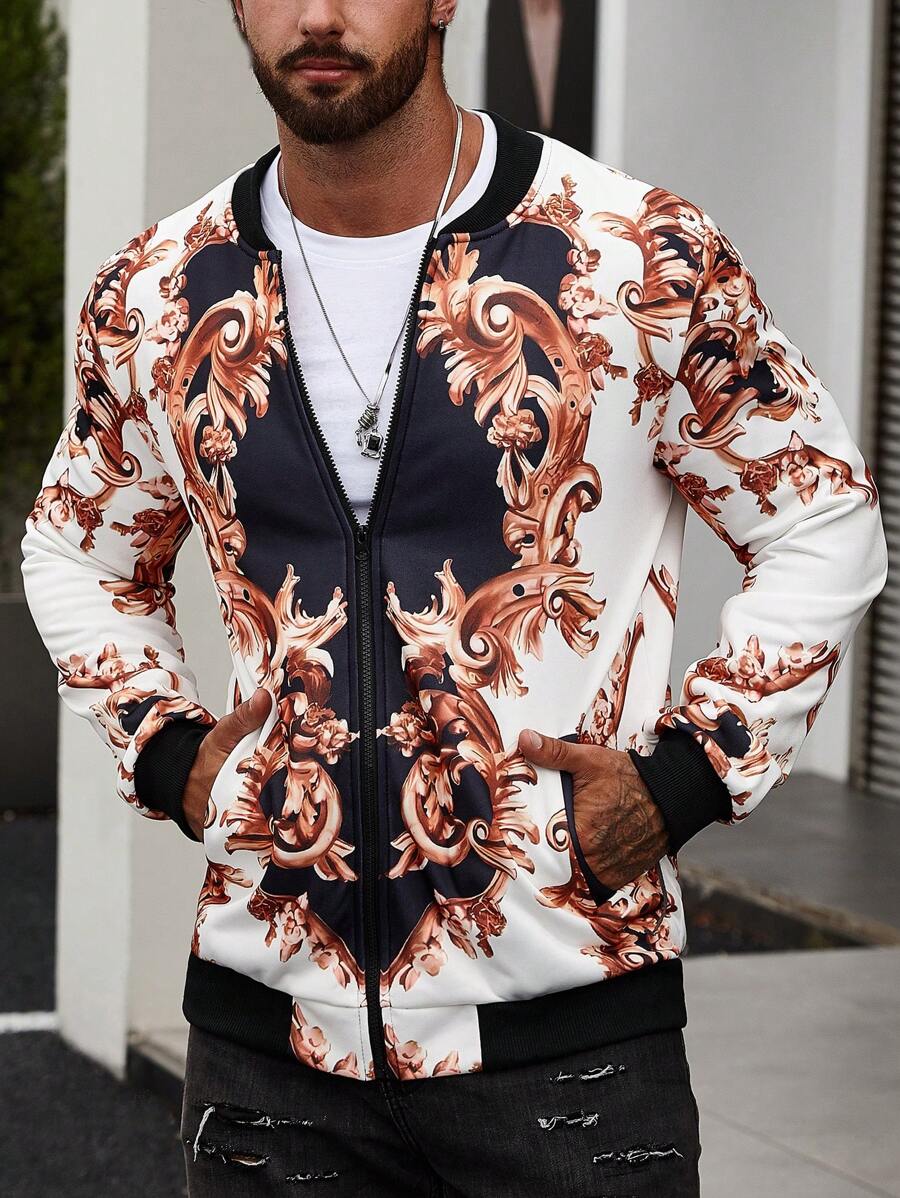 Manfinity AFTRDRK Nam In hoa Baroque Dây kéo Áo khoác bomber - trắng - Xem 1