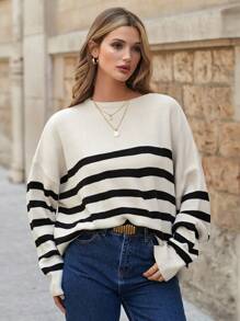 EURMUSE Pullover mit Streifen Muster, Drop Shoulder - Weiss - Übersicht 3