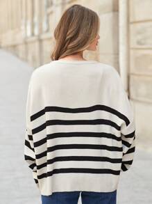 EURMUSE Pullover mit Streifen Muster, Drop Shoulder - Weiss - Übersicht 2