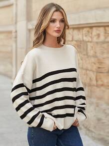 EURMUSE Pullover mit Streifen Muster, Drop Shoulder - Weiss - Übersicht 5