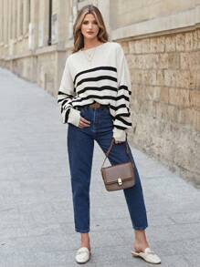 EURMUSE Pullover mit Streifen Muster, Drop Shoulder - Weiss - Übersicht 6