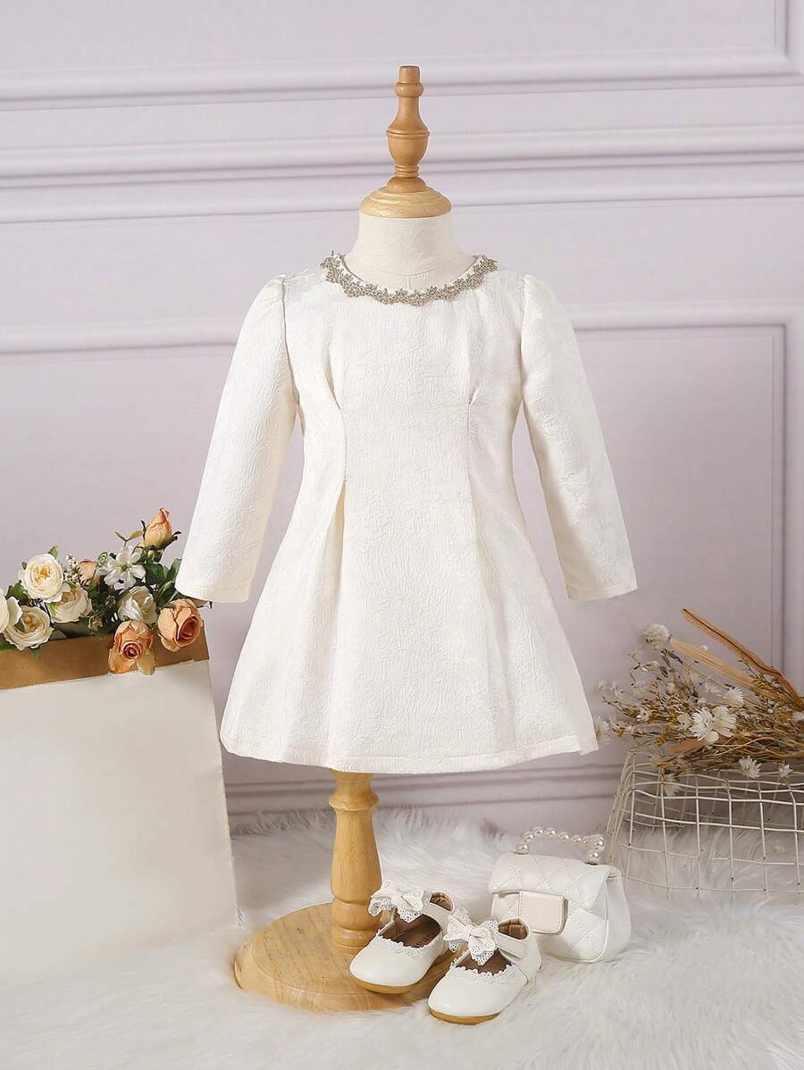 SHEIN 拉鍊純色嬰童（女）連衣裙 - 米色 - 查看 1