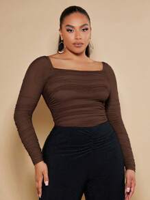 SHEIN BAE Plus Square Neck Ruched Mesh Top - Chocolate Brown - View 1