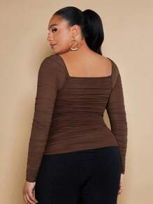 SHEIN BAE Plus Square Neck Ruched Mesh Top - Chocolate Brown - View 2