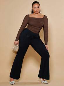 SHEIN BAE Plus Square Neck Ruched Mesh Top - Chocolate Brown - View 3