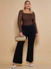 SHEIN BAE Plus Square Neck Ruched Mesh Top - Chocolate Brown - View 5