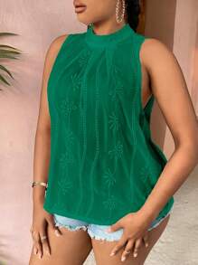 SHEIN VCAY Plus Floral Embroidery Mock Neck Sleeveless Blouse - Green - View 4