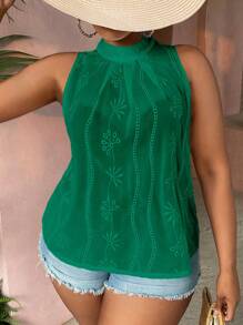 SHEIN VCAY Plus Floral Embroidery Mock Neck Sleeveless Blouse - Green - View 5