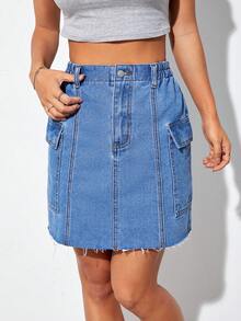SHEIN EZwear 側翻蓋口袋毛邊牛仔半身裙 - 中等水洗藍 - 查看 6