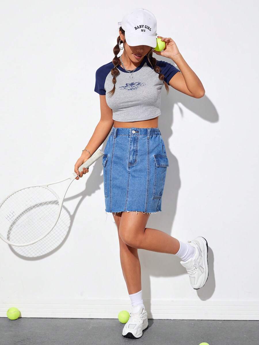 SHEIN EZwear 側翻蓋口袋毛邊牛仔半身裙 - 中等水洗藍 - 查看 1