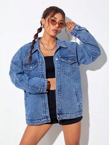 SHEIN EZwear Solid Raglan Sleeve Denim Coat - Medium Wash - View 5