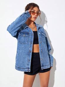 SHEIN EZwear Solid Raglan Sleeve Denim Coat - Medium Wash - View 6