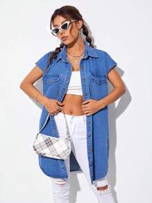 SHEIN EZwear 翻蓋口袋弧形下擺牛仔外套 - 中等水洗藍 - 查看 3