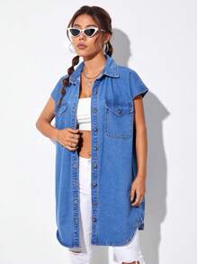 SHEIN EZwear 翻蓋口袋弧形下擺牛仔外套 - 中等水洗藍 - 查看 4