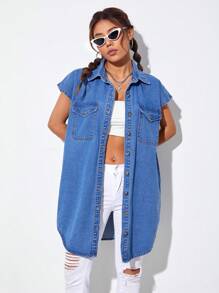 SHEIN EZwear 翻蓋口袋弧形下擺牛仔外套 - 中等水洗藍 - 查看 6