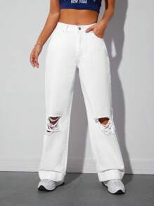 SHEIN EZwear Ripped Wide Leg Jeans - White - View 4