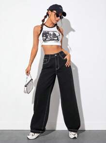 SHEIN EZwear 高腰頂針闊腿牛仔褲 - 黑色 - 查看 3