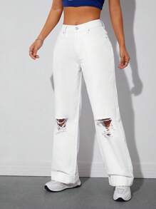 SHEIN EZwear Ripped Wide Leg Jeans - White - View 6
