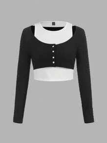 SHEIN Qutie Two Tone 2 In 1 Crop Tee - Black and White - View 1