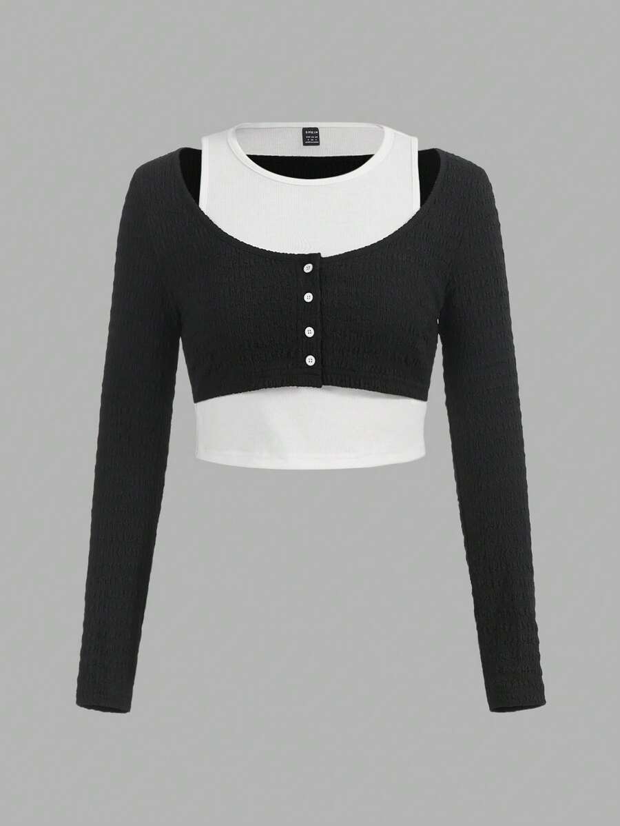 SHEIN Qutie Two Tone 2 In 1 Crop Tee - Black and White - View 1