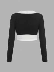 SHEIN Qutie Two Tone 2 In 1 Crop Tee - Black and White - View 2