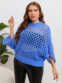 SHEIN Essnce 大碼鏤空蝙蝠袖鏤空針織套頭毛衣 - 藍色 - 查看 5