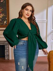 SHEIN Privé 大碼燈籠袖前打結短款上衣 - 墨綠色 - 查看 3