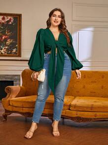 SHEIN Privé 大碼燈籠袖前打結短款上衣 - 墨綠色 - 查看 4