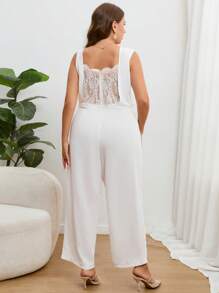 SHEIN Essnce Plus Contrast Lace Belted Wide Leg Jumpsuit - White - View 2