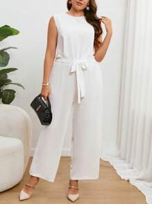 SHEIN Essnce Plus Contrast Lace Belted Wide Leg Jumpsuit - White - View 1