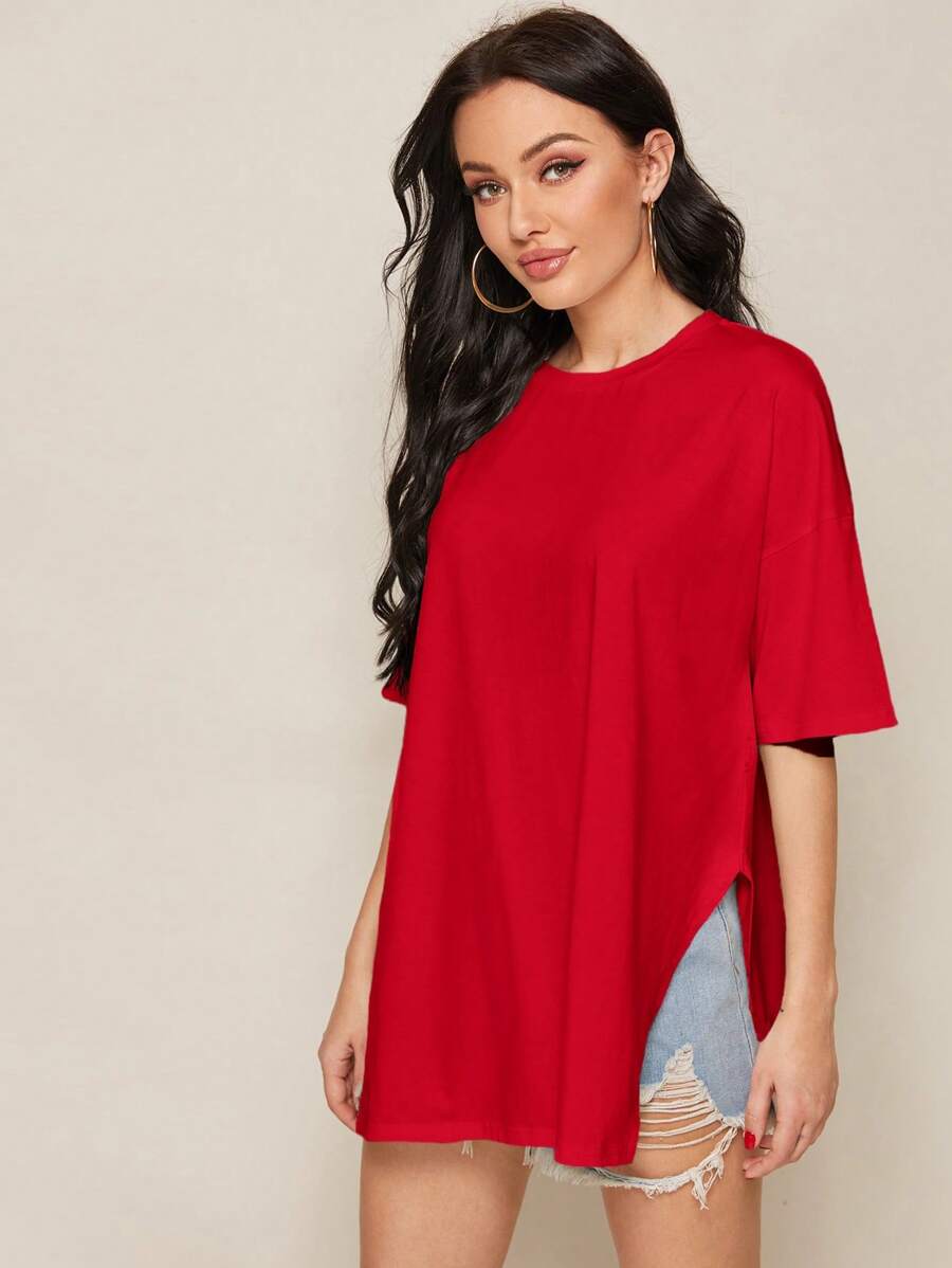 SHEIN Essnce Drop Shoulder Split Side Oversized Longline Tee - Red - View 1