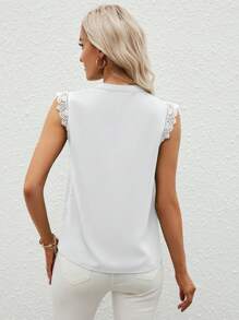 SHEIN Clasi Notched Neckline Contrast Guipure Lace Popover Blouse,Sleeveless Tops - White - View 2