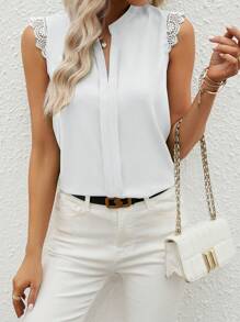 SHEIN Clasi Notched Neckline Contrast Guipure Lace Popover Blouse,Sleeveless Tops - White - View 5