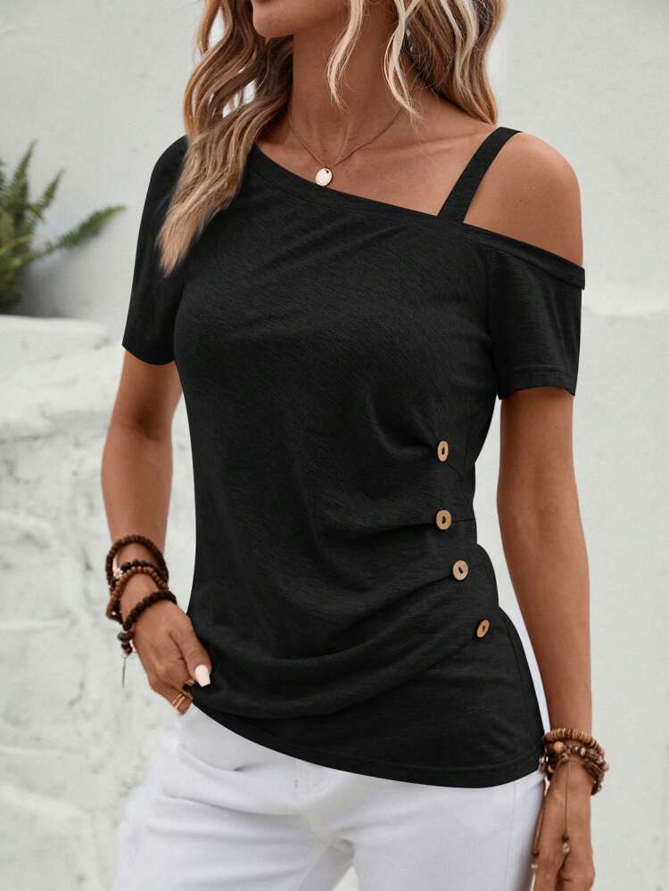 Solid Button Detail Asymmetrical Neck Tee