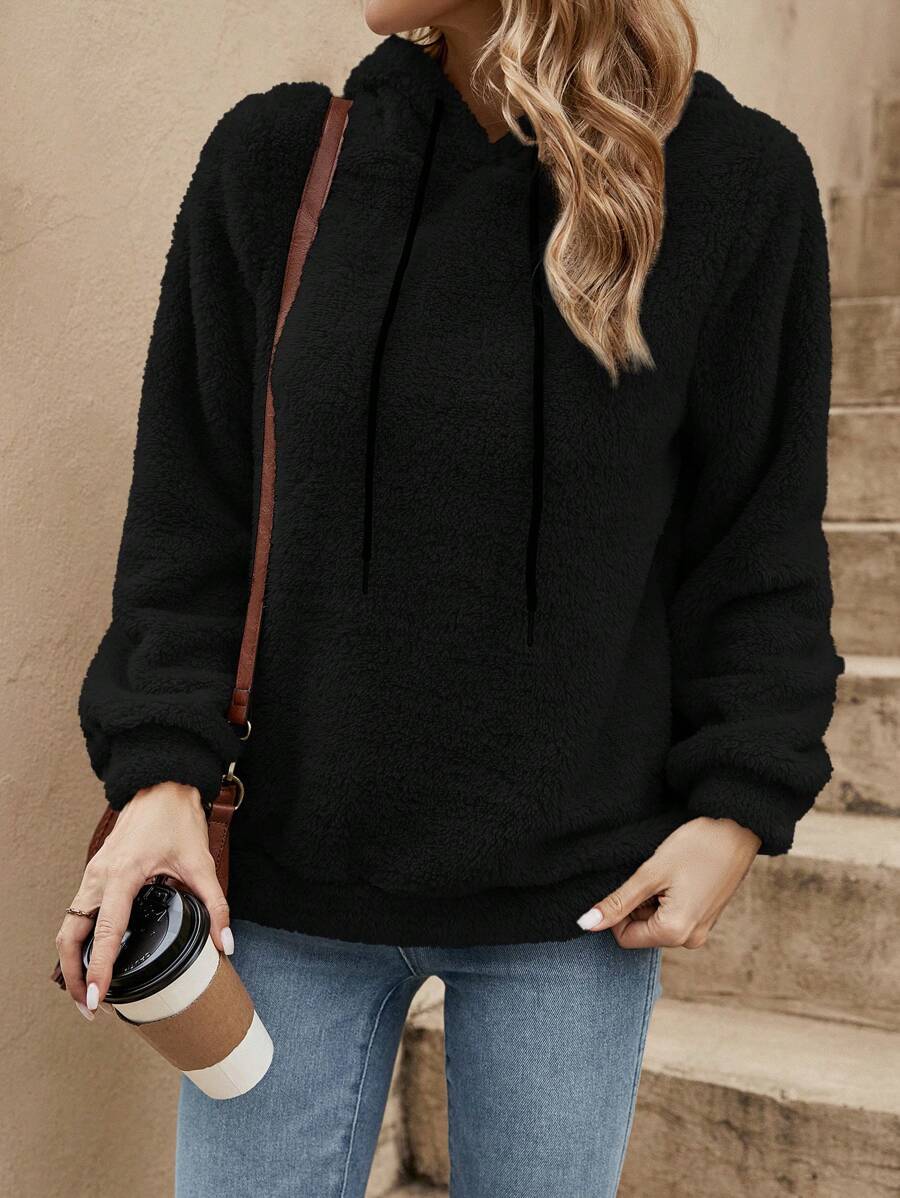 SHEIN LUNE Solid Drawstring Teddy Hoodie,Long Sleeve Tops In Fall/Winter - Black - View 1