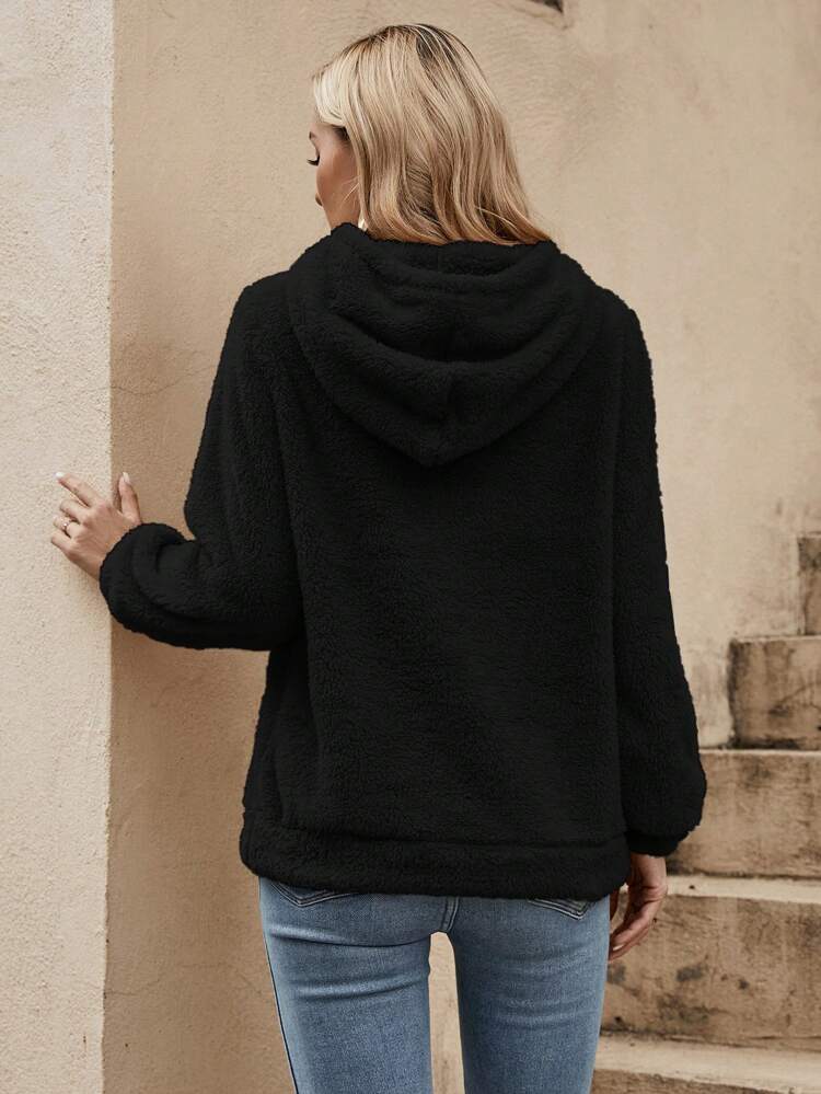 Solid Drawstring Teddy Hoodie,Long Sleeve Tops In Fall/Winter,Casual