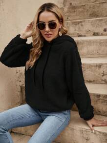 SHEIN LUNE Solid Drawstring Teddy Hoodie,Long Sleeve Tops In Fall/Winter - Black - View 6