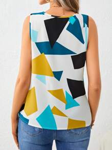 SHEIN Clasi Geo Print V Neck Blouse White Shirt,Sleeveless Tops - Multicolor - View 2